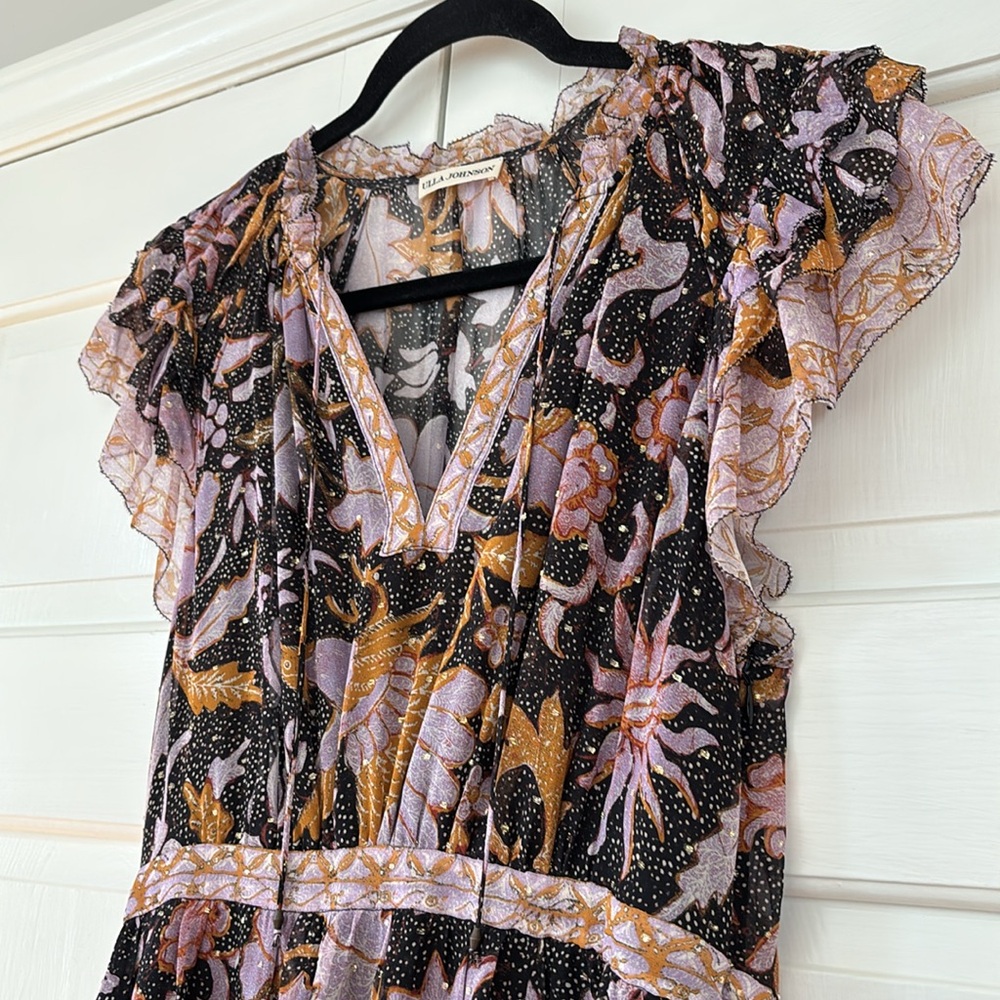 Ulla Johnson RARE Celestia‎ Ruffled Printed Midi Dress Midnight Size 0 Metallic - Picture 6 of 17